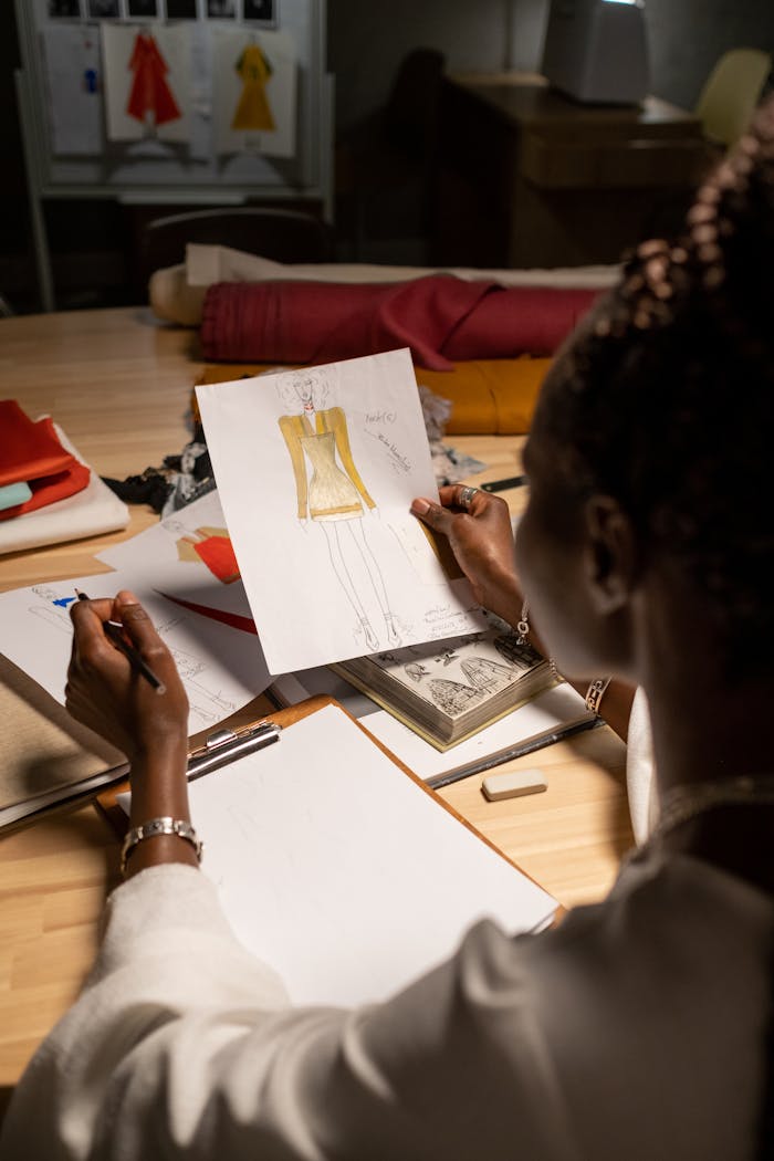An adult fashion designer sketching a dress design in a well-lit studio.